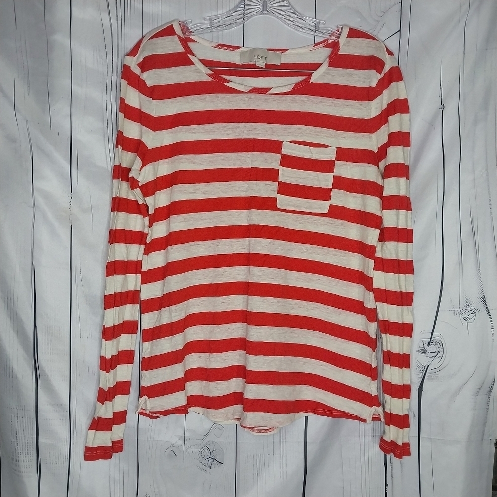 LOFT Red and White Classic Linen Blend Striped Nautical Preppy Women's Top
